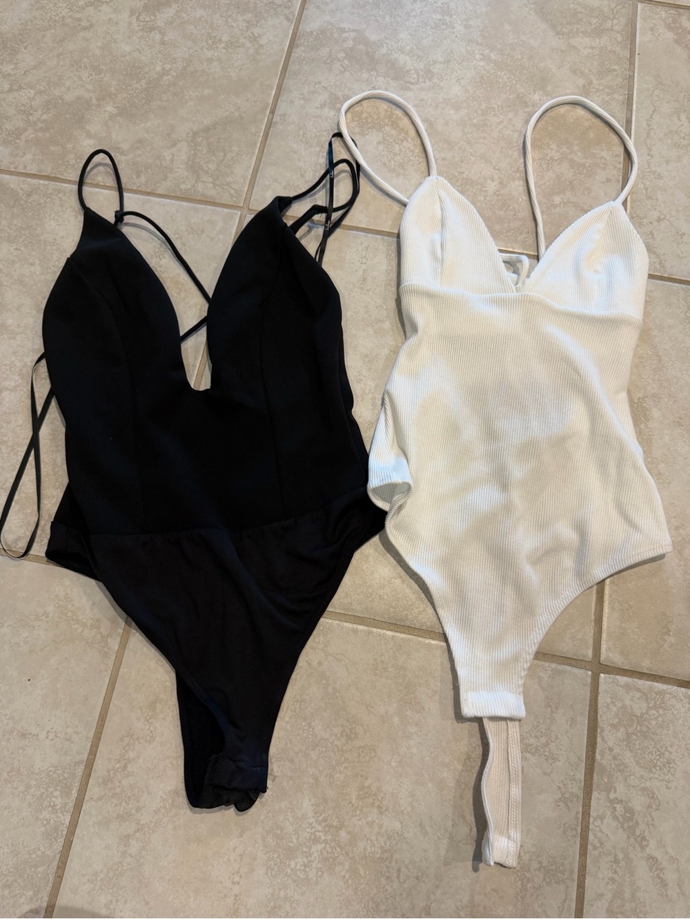 Lulus Black & White Ribbed Spaghetti Strap One-Piece Bodysuits for women